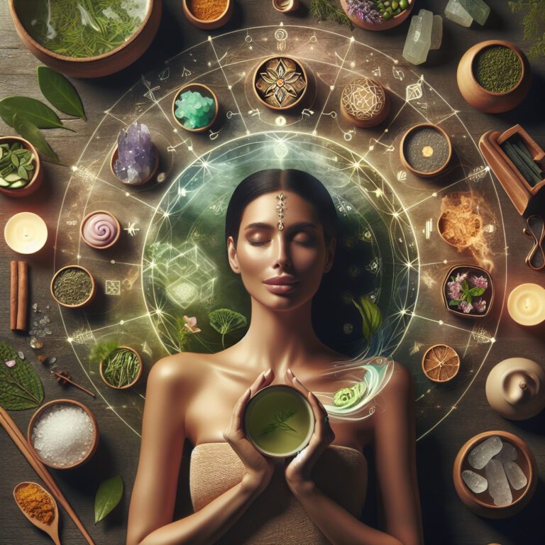 Serene woman holding herbal tea amid mystical herbs