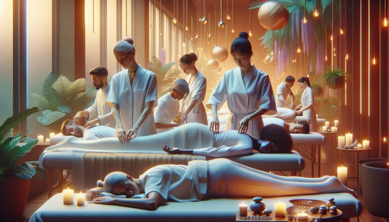 Spa therapists giving massages in candlelit wellness centre