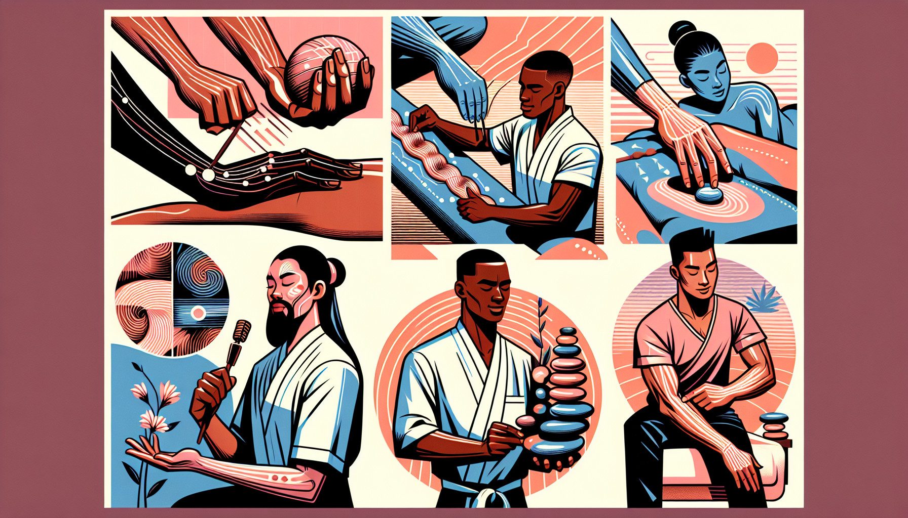 Illustrations of acupuncture, massage and holistic therapy practices