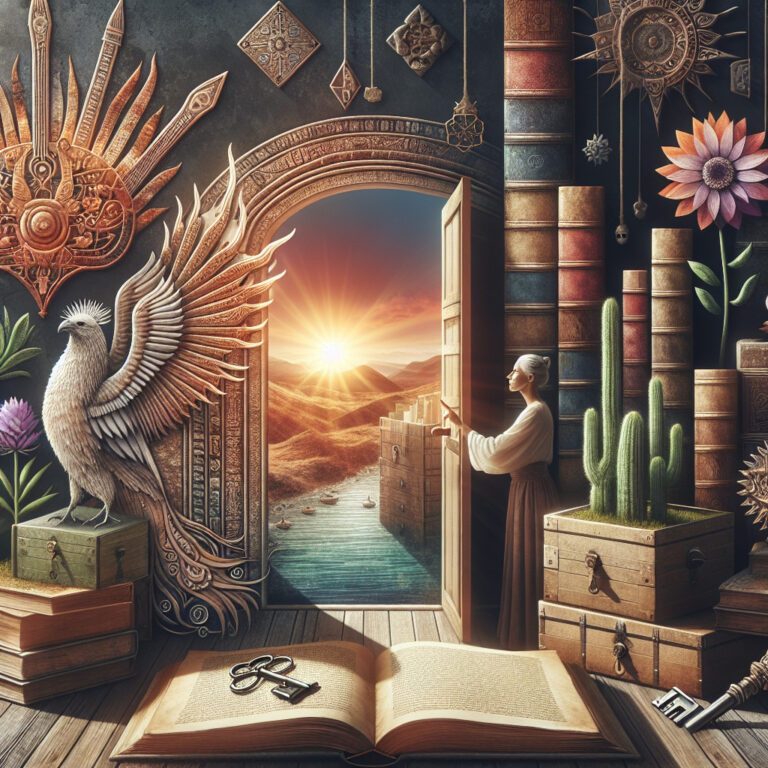 Woman opening door to surreal sunrise landscape scene
