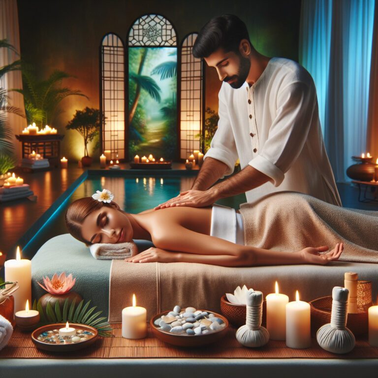 Woman receiving relaxing spa massage by candlelight