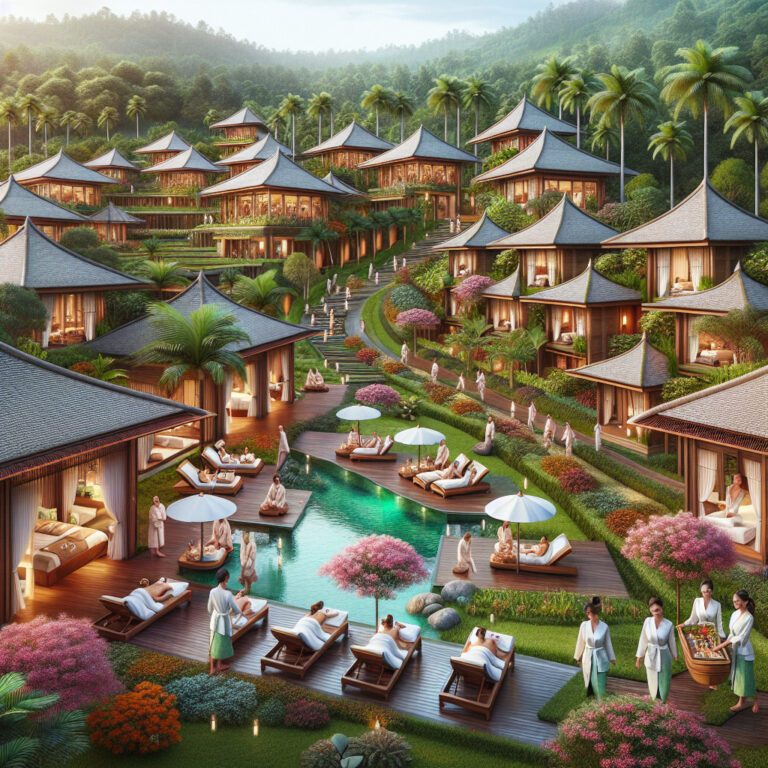 Luxury tropical hillside spa resort with pool and villas