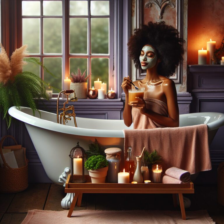 Woman relaxing in candlelit bath with face mask