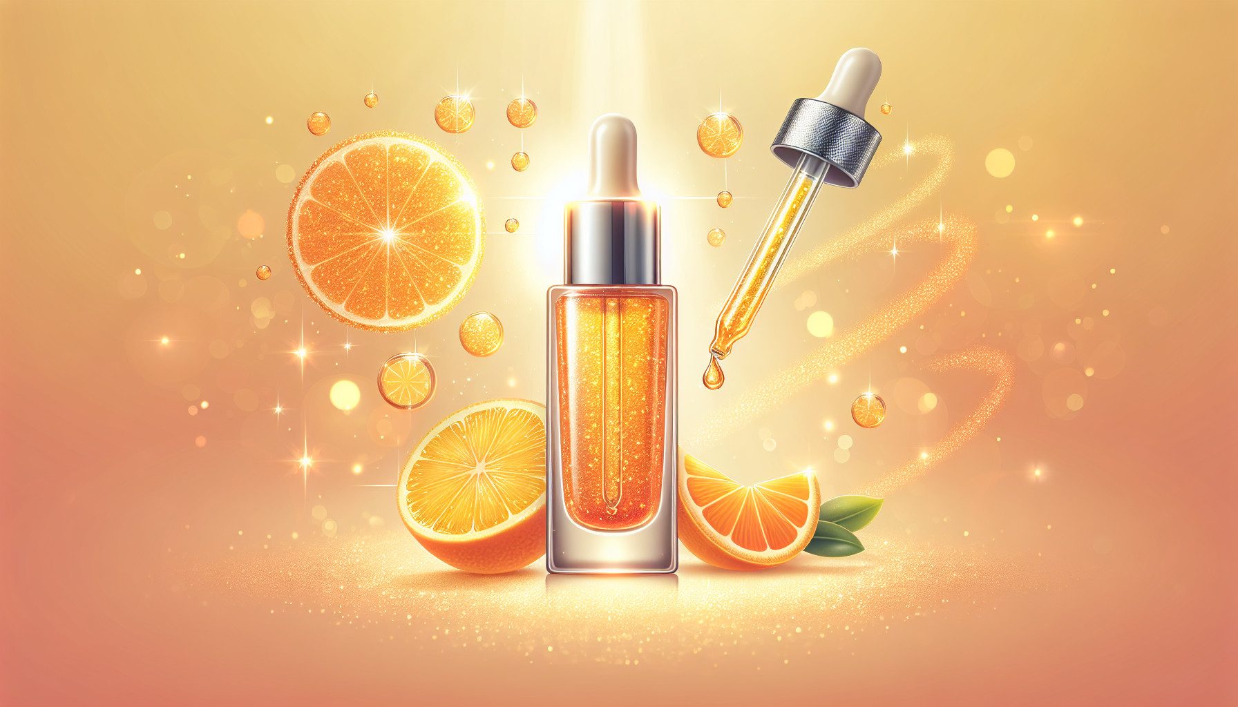 Vitamin C serum bottle with oranges and dropper