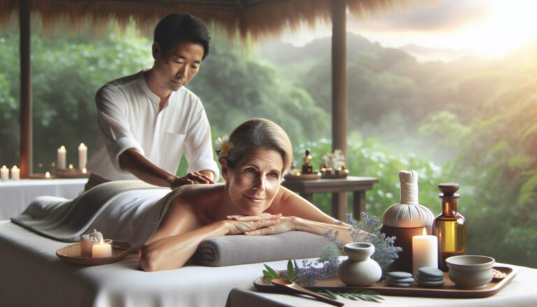 Woman receiving relaxing spa massage with candles