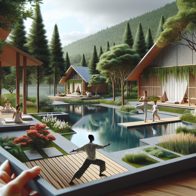 People practising yoga at forest eco-resort poolside