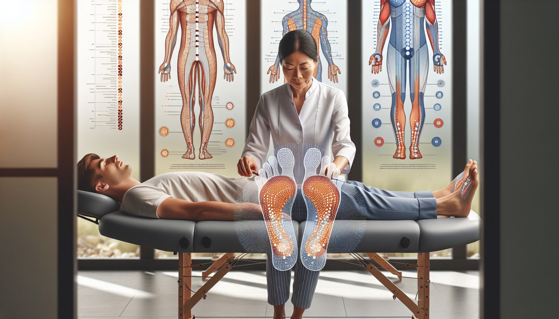 Reflexology therapist treating man's feet with anatomy charts