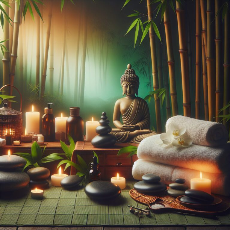 Serene spa scene with Buddha statue and candles