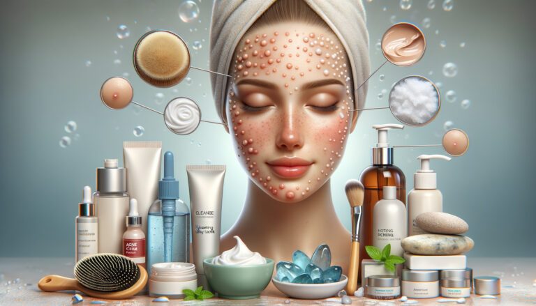 Woman with acne surrounded by skincare products