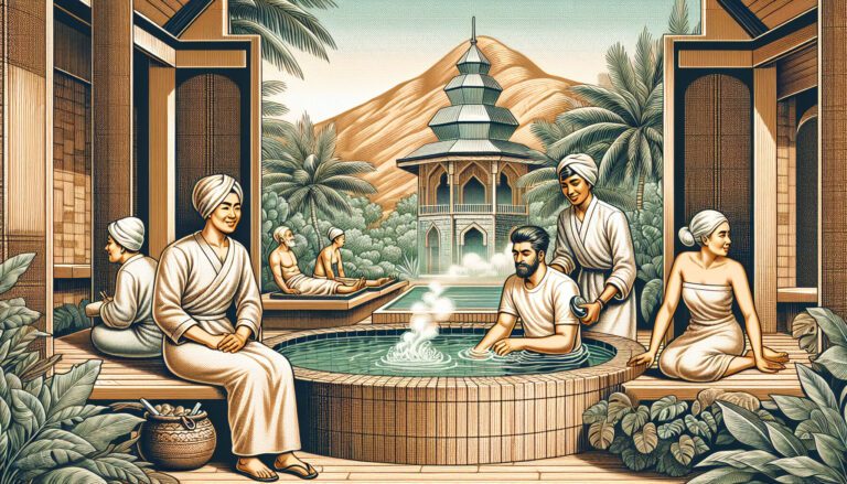 People relaxing in tropical spa hot spring