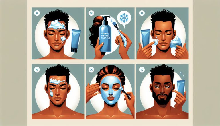 Illustrated men's skincare routine steps with cleanser and mask