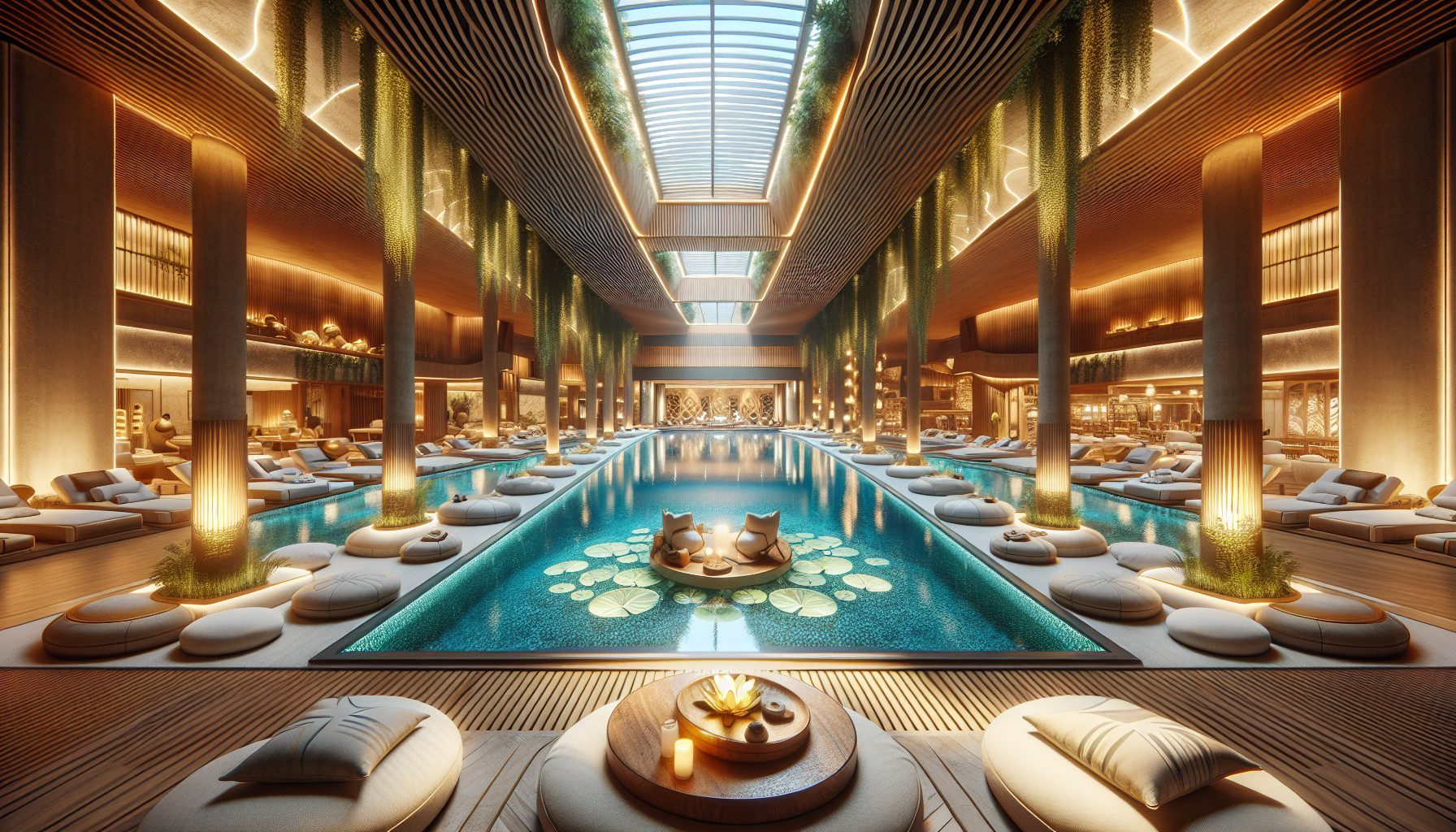 Luxurious indoor spa pool with loungers and skylight