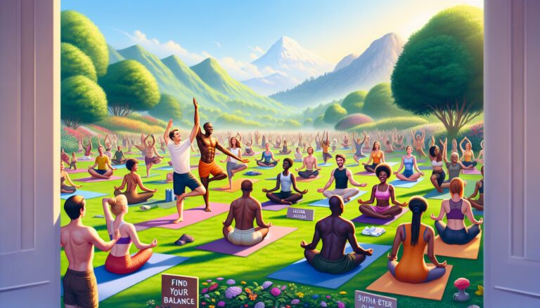 Large outdoor yoga class in scenic mountain valley