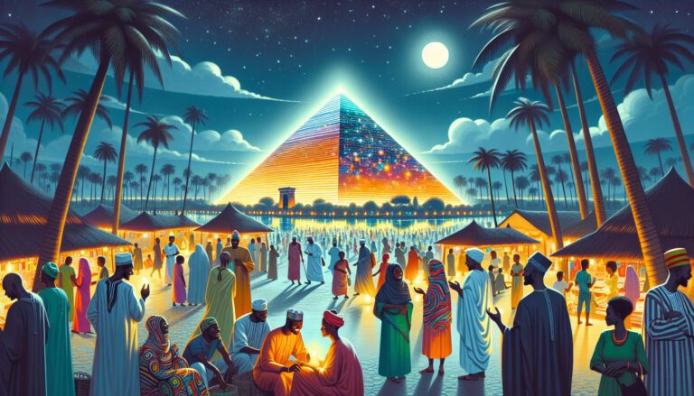 Glowing pyramid over bustling night market scene