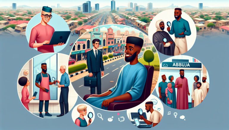 Illustration of diverse professionals investigating in Abuja city