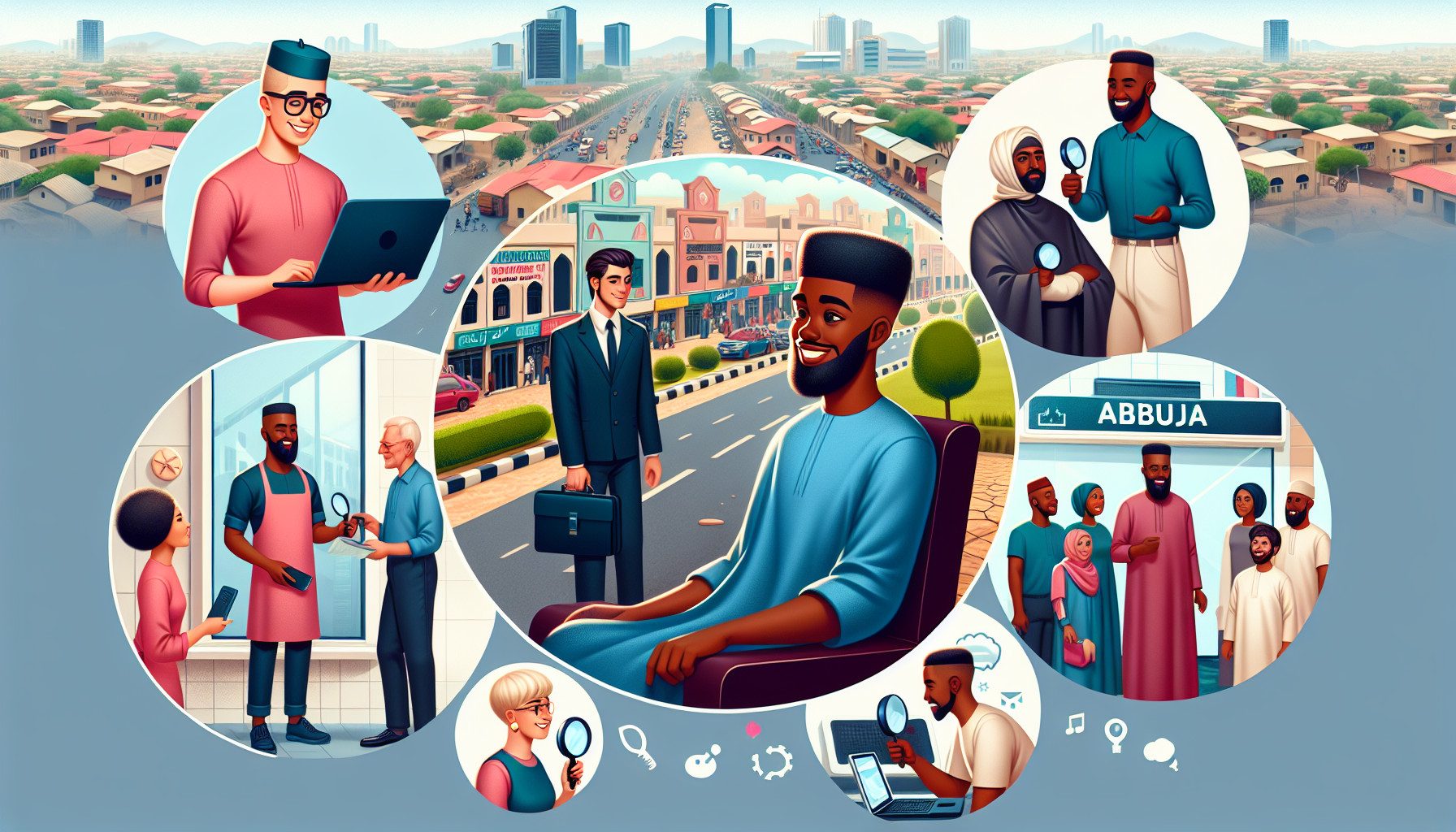 Illustration of diverse professionals investigating in Abuja city