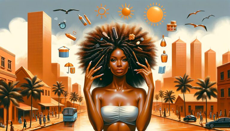 Stylised Black woman with afro in sunny cityscape