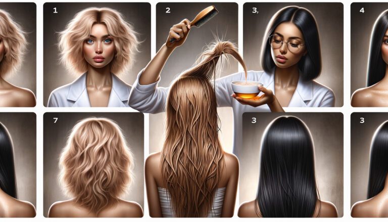 Step-by-step hair treatment showing shiny transformation results
