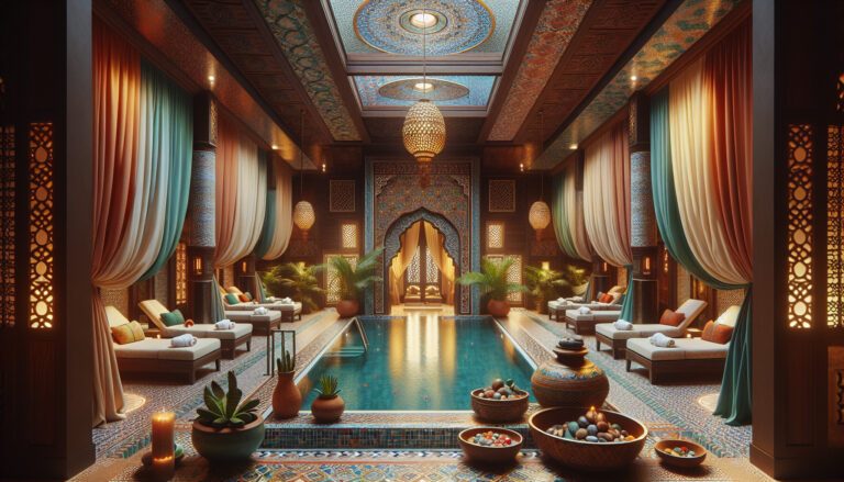 Luxurious Moroccan-style indoor spa with ornate pool and lanterns