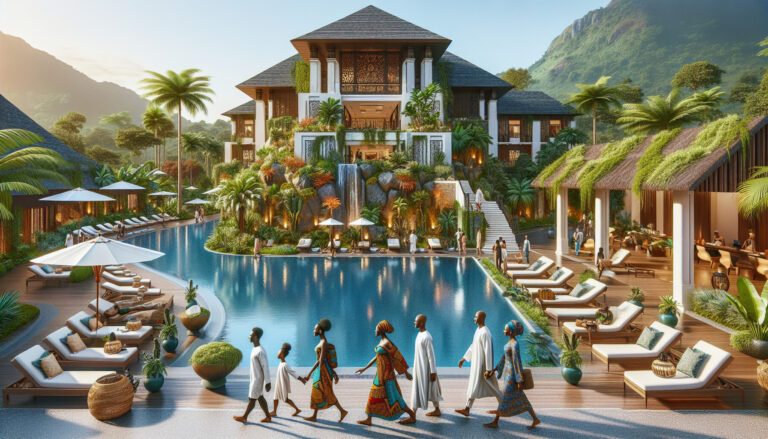 Luxury tropical resort with infinity pool and waterfall