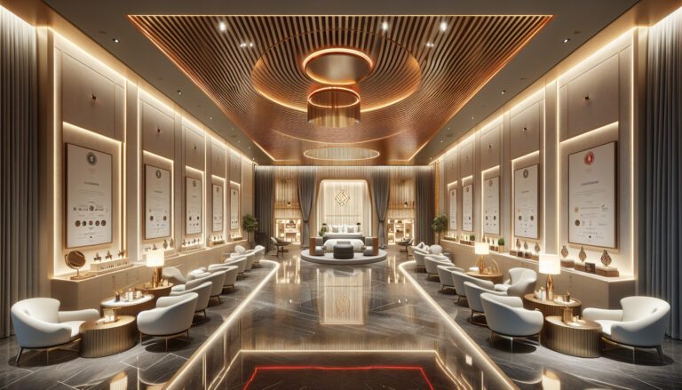 Luxurious modern spa interior with seating and certificates