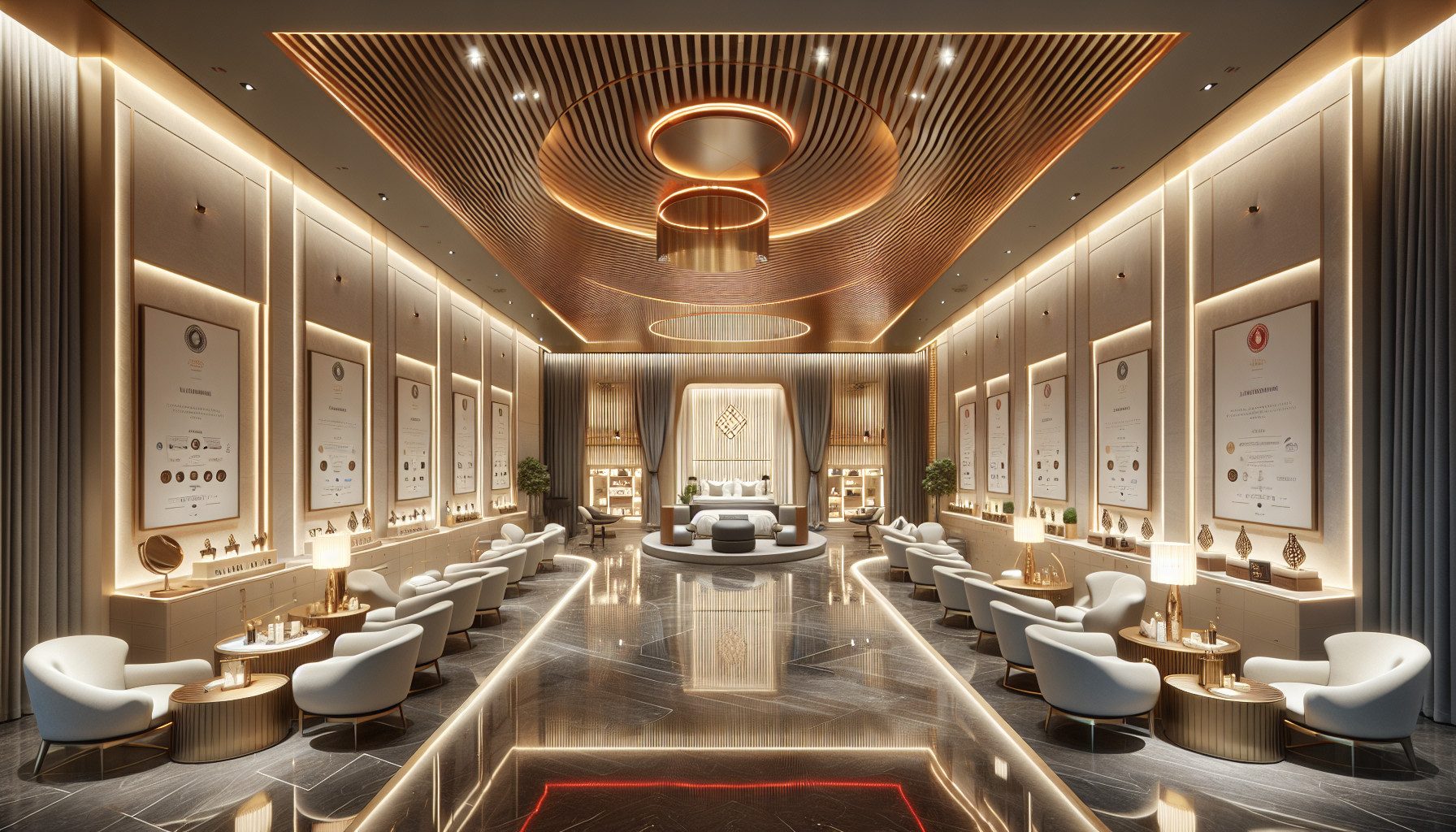 Luxurious modern spa interior with seating and certificates
