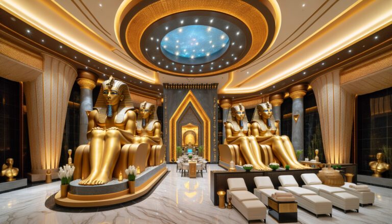 Luxurious spa interior with giant golden Egyptian statues