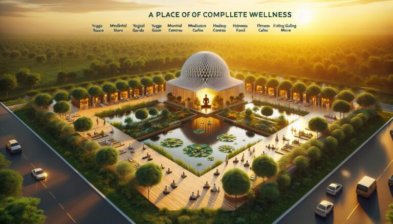 Wellness centre with dome, yoga by pond at sunset