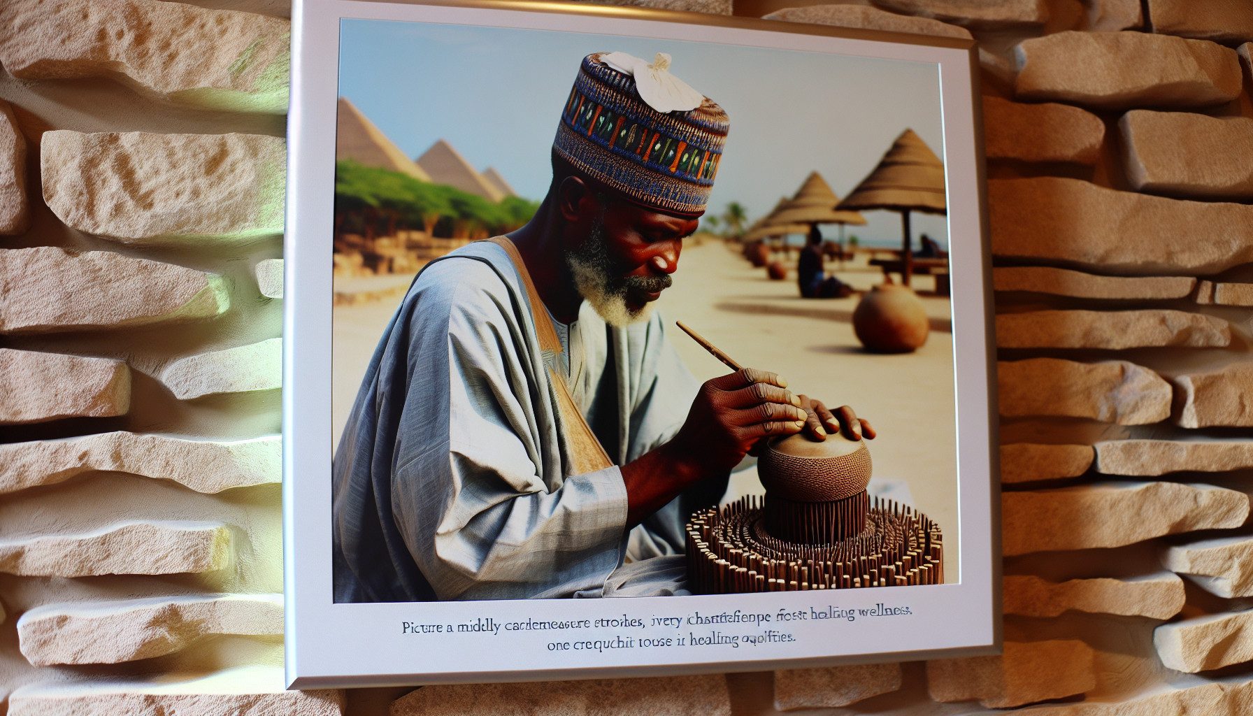 Man crafting pottery with pyramids in background