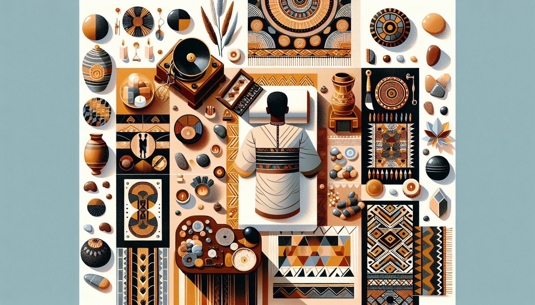 Stylised African-inspired art collage with resting figure