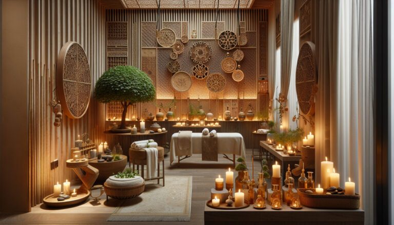 Candlelit spa treatment room with massage table and plants