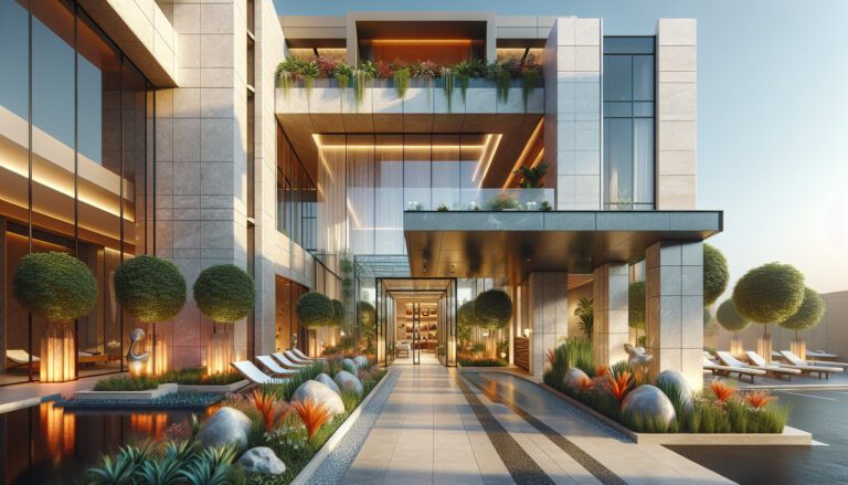 Modern luxury hotel entrance with landscaped garden and pool