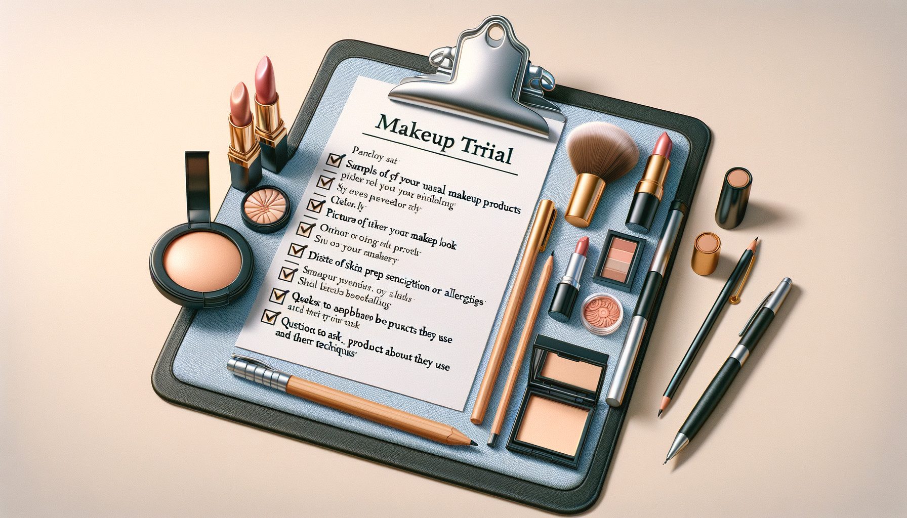 Makeup trial checklist with assorted cosmetics and brushes
