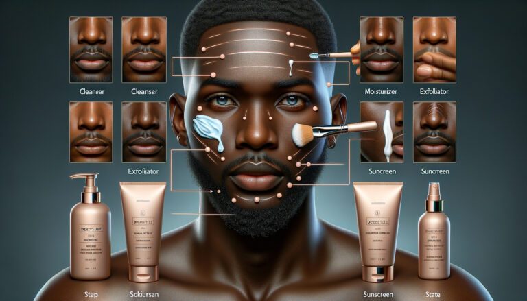 Man demonstrating facial skincare routine with labelled products