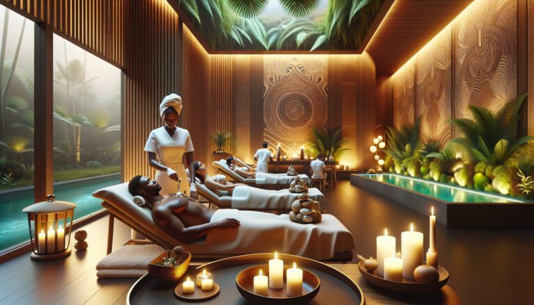 Luxury spa with massage treatments and candlelit pool