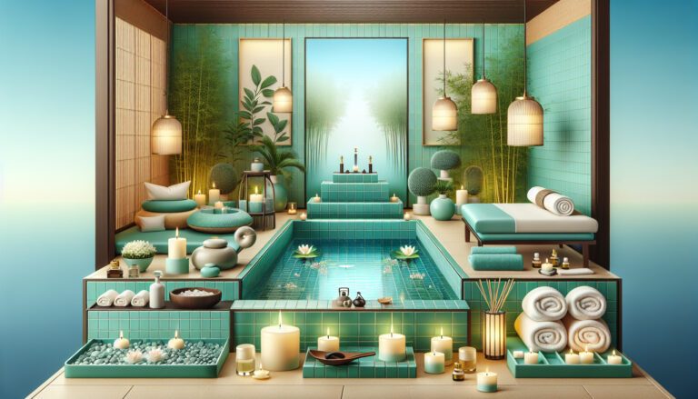 Serene turquoise spa pool with candles and plants