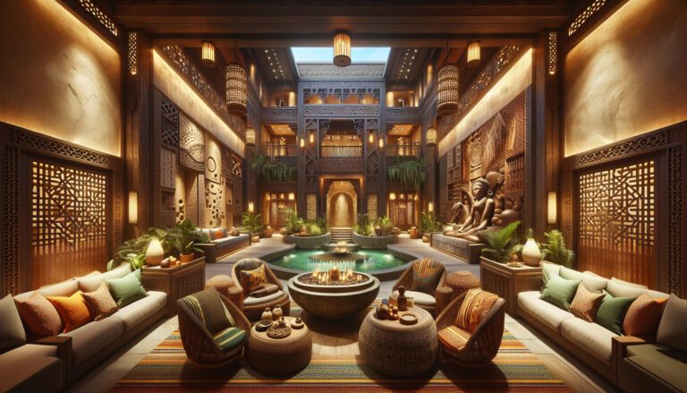 Luxurious Moroccan-style riad courtyard with pool and lanterns