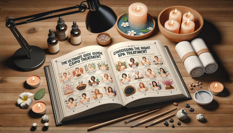 Open spa guide book with candles and oils
