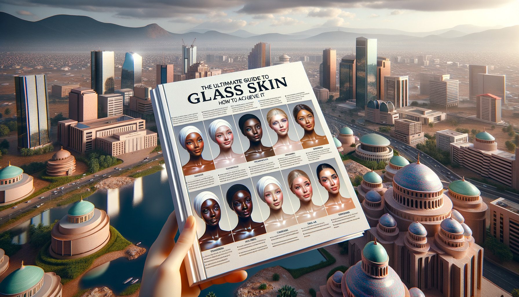 Book about glass skin held over modern cityscape