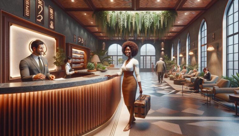 Woman with suitcase at stylish hotel reception lobby