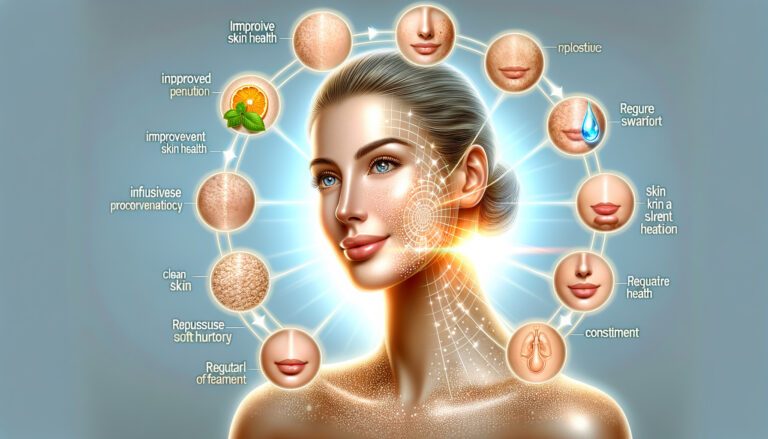 Skincare infographic showing glowing woman and skin benefits
