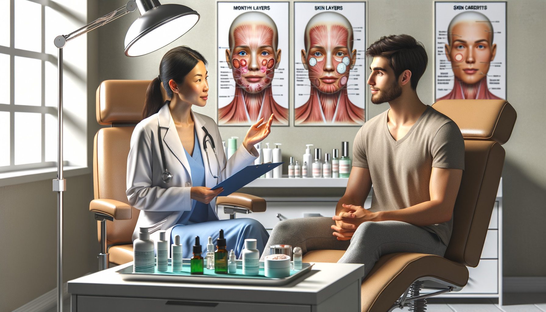 Dermatologist consulting male patient in clinic