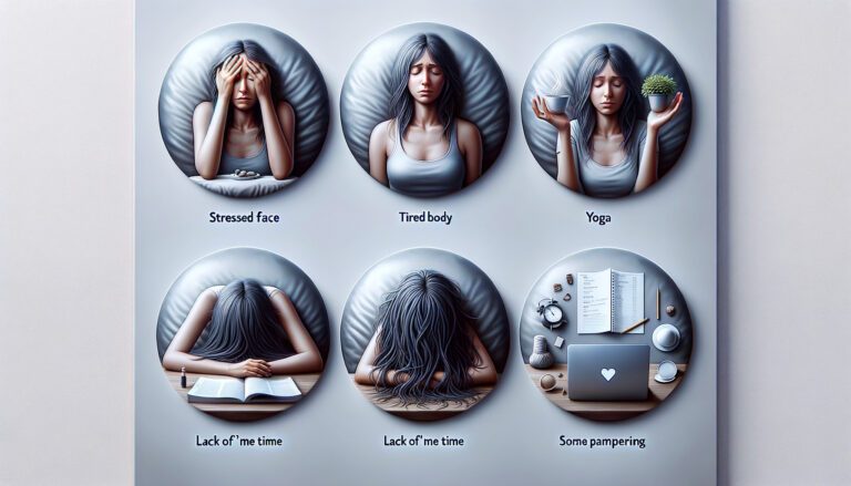 Illustrations showing stressed woman and self-care activities