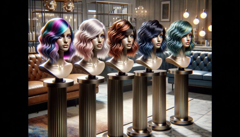 Mannequin heads displaying colourful wavy bob hairstyles in salon