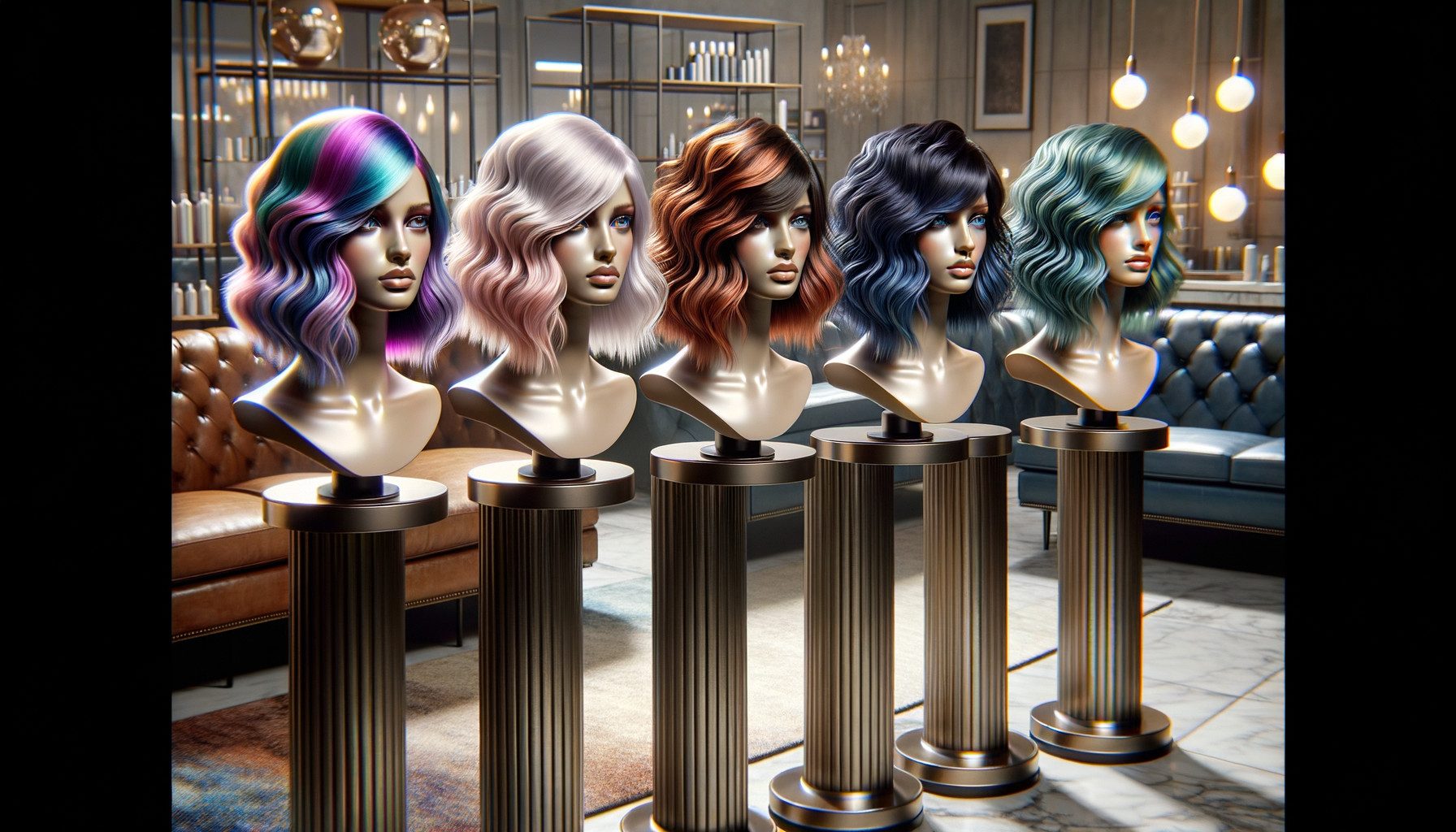Mannequin heads displaying colourful wavy bob hairstyles in salon