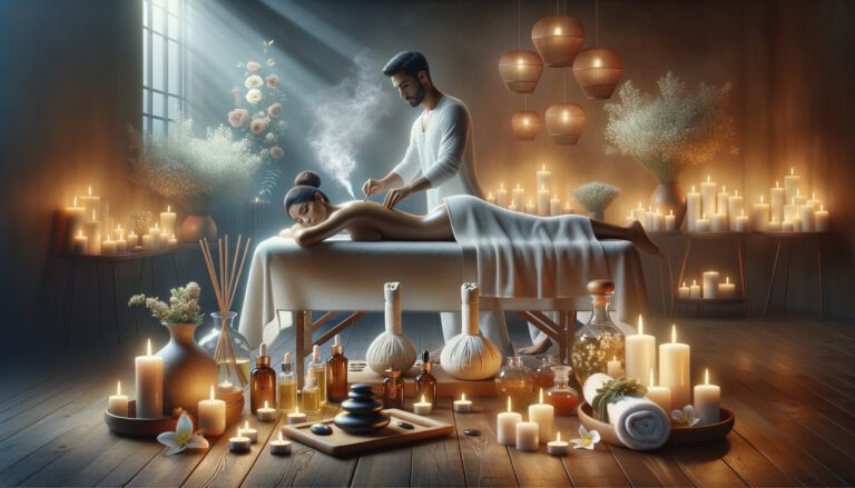 Woman receiving candlelit spa massage in serene room