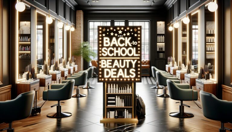 Hair salon interior with back-to-school beauty deals sign
