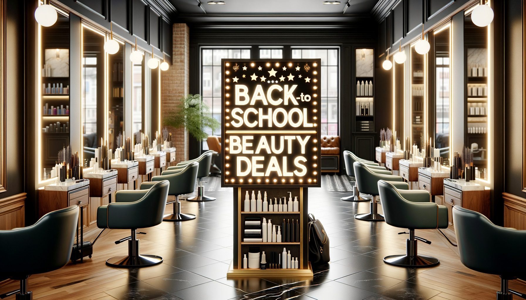 Hair salon interior with back-to-school beauty deals sign