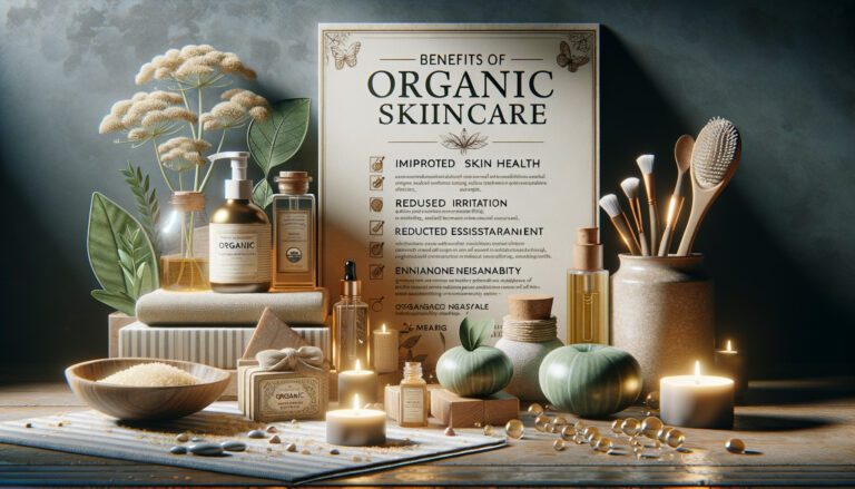 Organic skincare products with candles and benefit poster