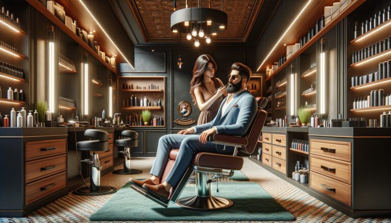 Bearded man receiving trim in stylish barbershop